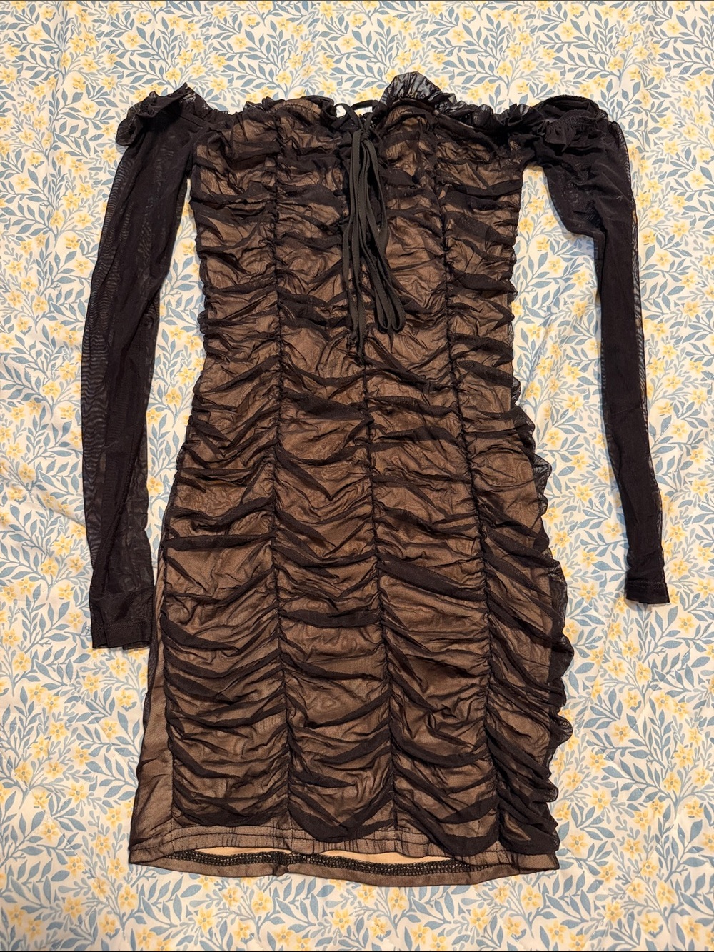 Sheer Ruched Long Sleeve Bodycon Dress - Black